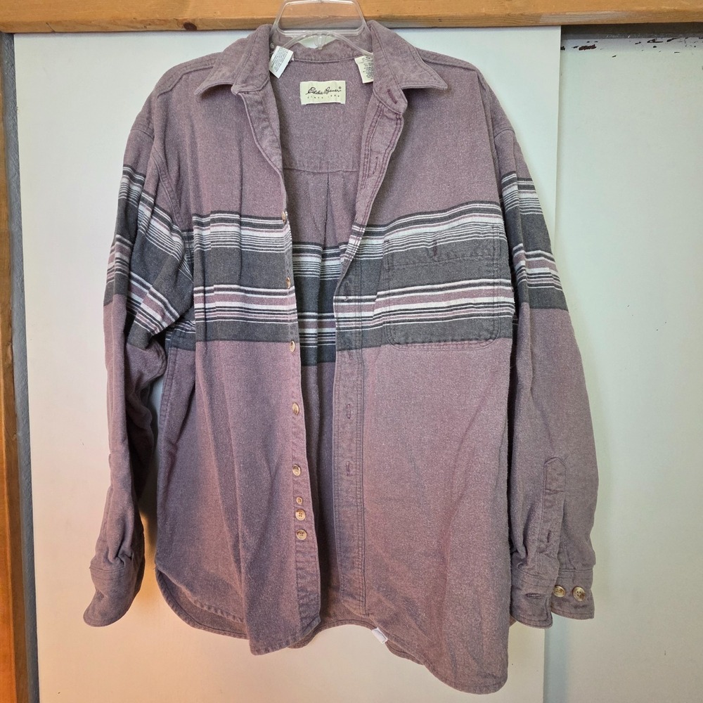 Vintage 90s Eddie Bauer Men's XL Stripe Cotton Flannel Shirt Grandpa Oversized
